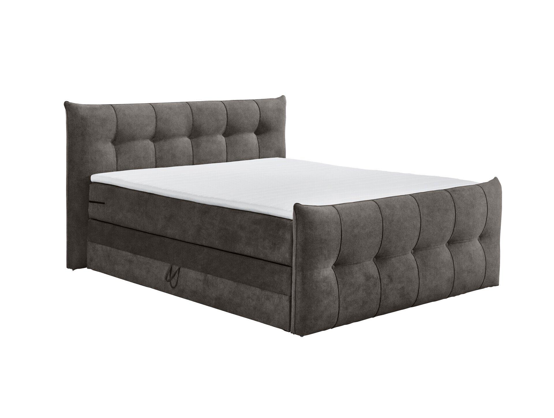 Graues Boxspringbett Maracana 6 mit hohem, gepolsterten Kopfteil, Knopfsteppung und integrierter Schublade.