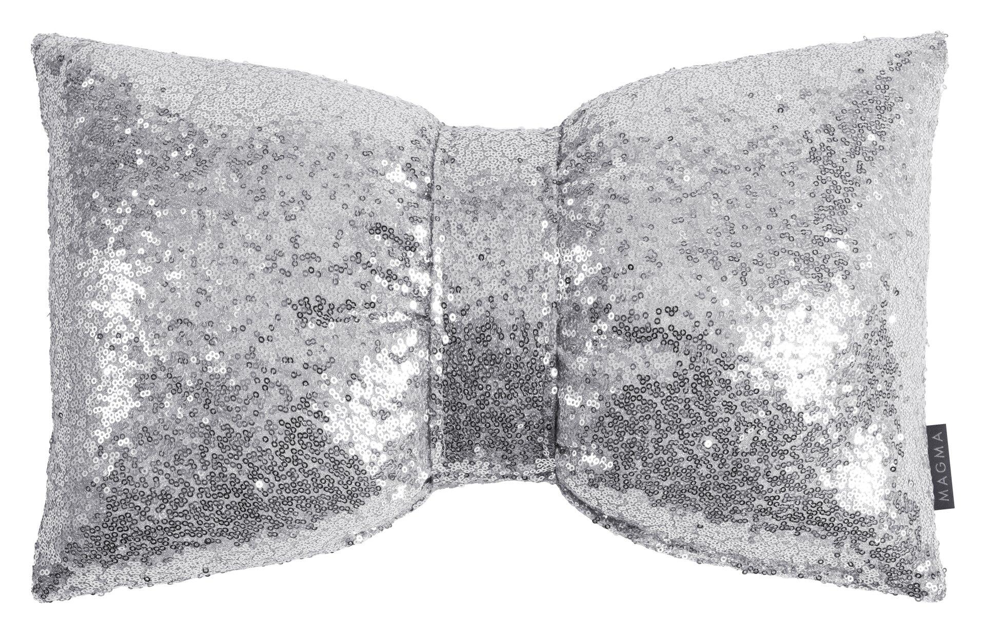 Silbernes Kissen mit Paillettenmuster und MAGMA-Logo, detaillierte Draufsicht.