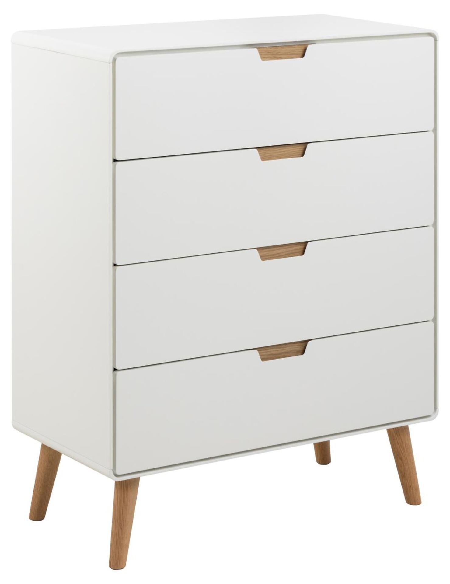 Weiße Kommode Lowell mit vier Schubladen, Soft-Close-Funktion und hellen Holzgriffen sowie konischen Füßen, aus der Seitenperspektive sichtbar.
