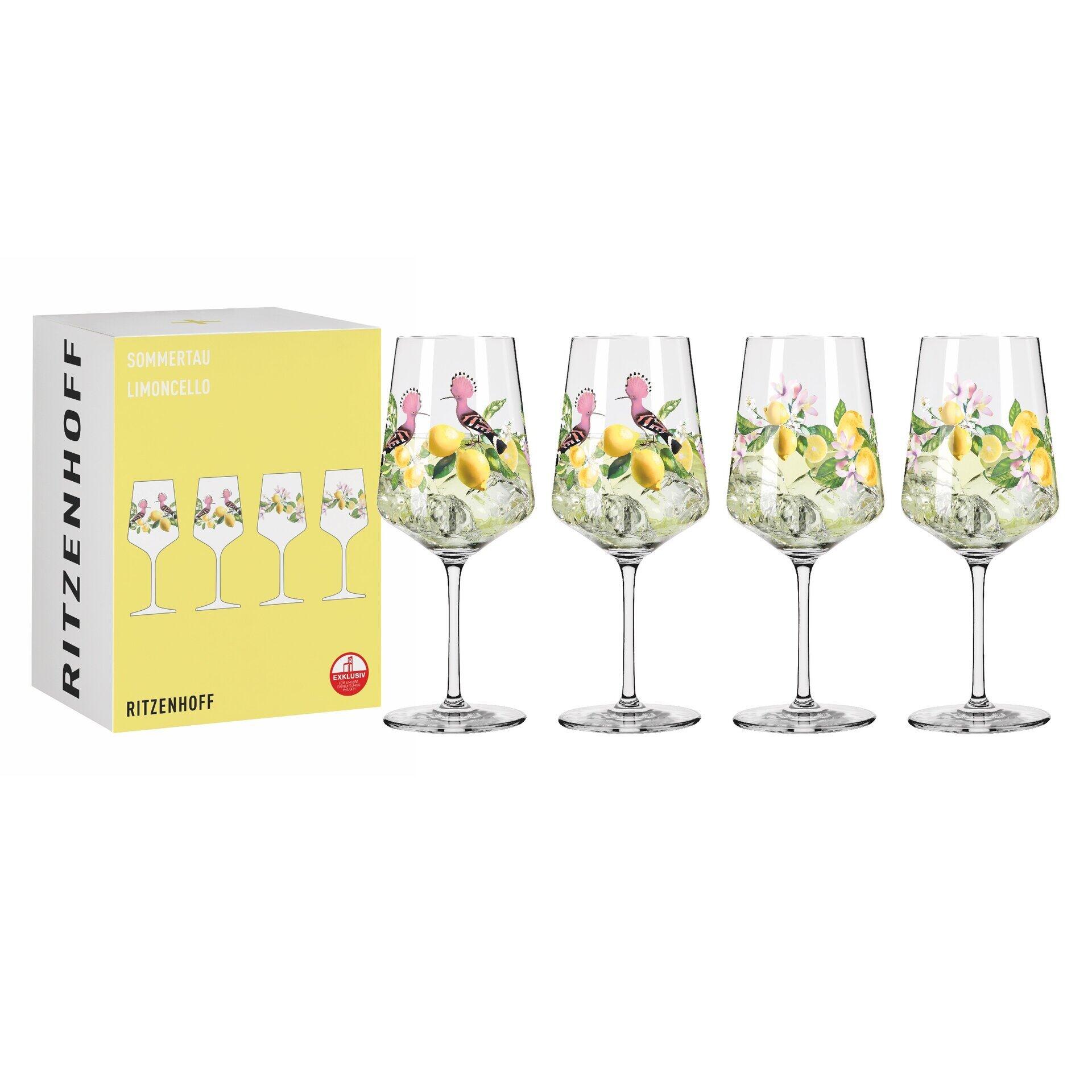 Aperitifglas-Set mit vier Gläsern, verziert mit Zitronen, Blättern und Blüten, in einer Reihe vor einem hellgelben Hintergrund mit RITZENHOFF-Logo.