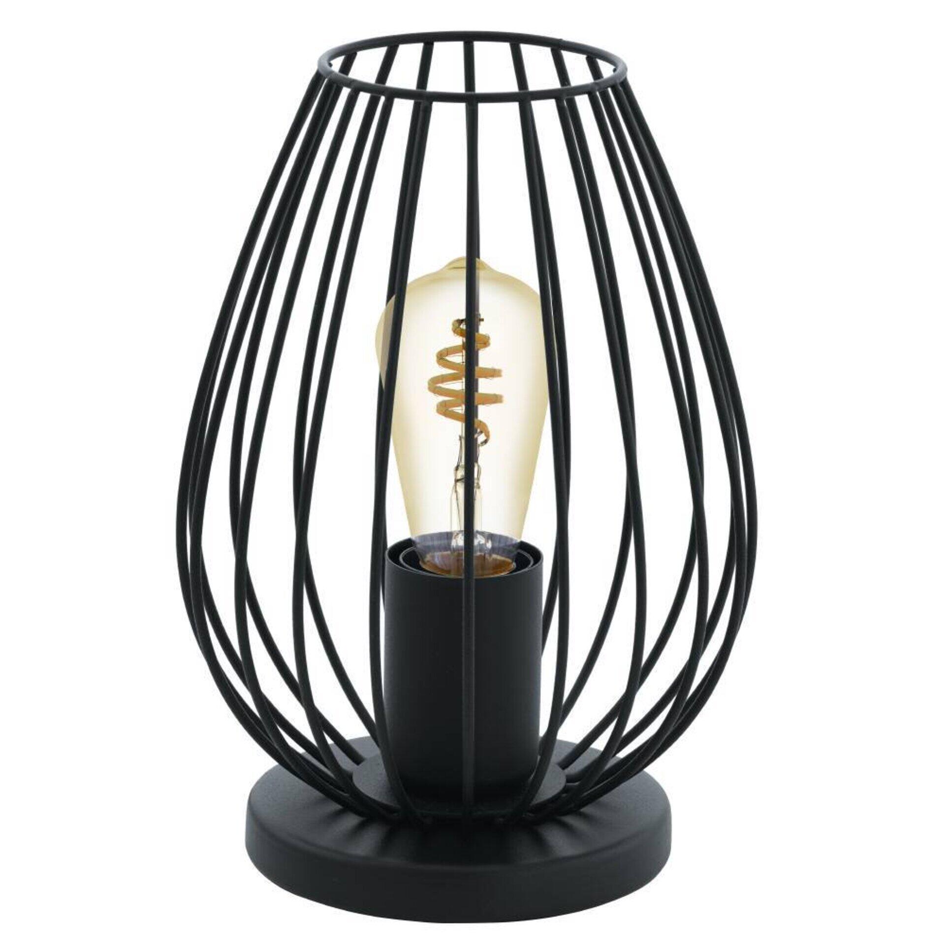 Tischleuchte Newtown von Eglo mit zylindrischem Sockel, filigranem Metallkorb und Edison-Glühbirne, dargestellt im 3/4-Format.