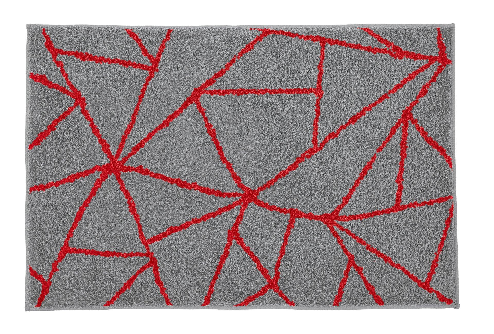 Badteppich Bondi aus Polyacryl mit hellgrauem Grund und erhabenen, roten Linienmustern im Design zerbrochenen Glases.