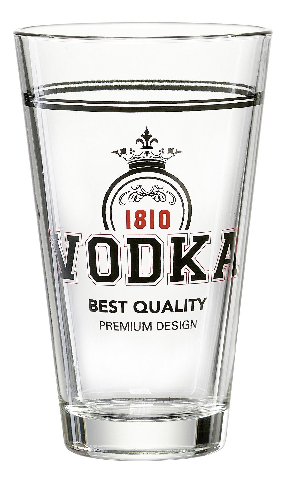 Spirit Becher von Ritzenhoff & Breker: Hoch aufragendes, zylindrisches Glas mit "VODKA", "BEST QUALITY" und "PREMIUM DESIGN" Schriftzug sowie Wappen-Grafik.