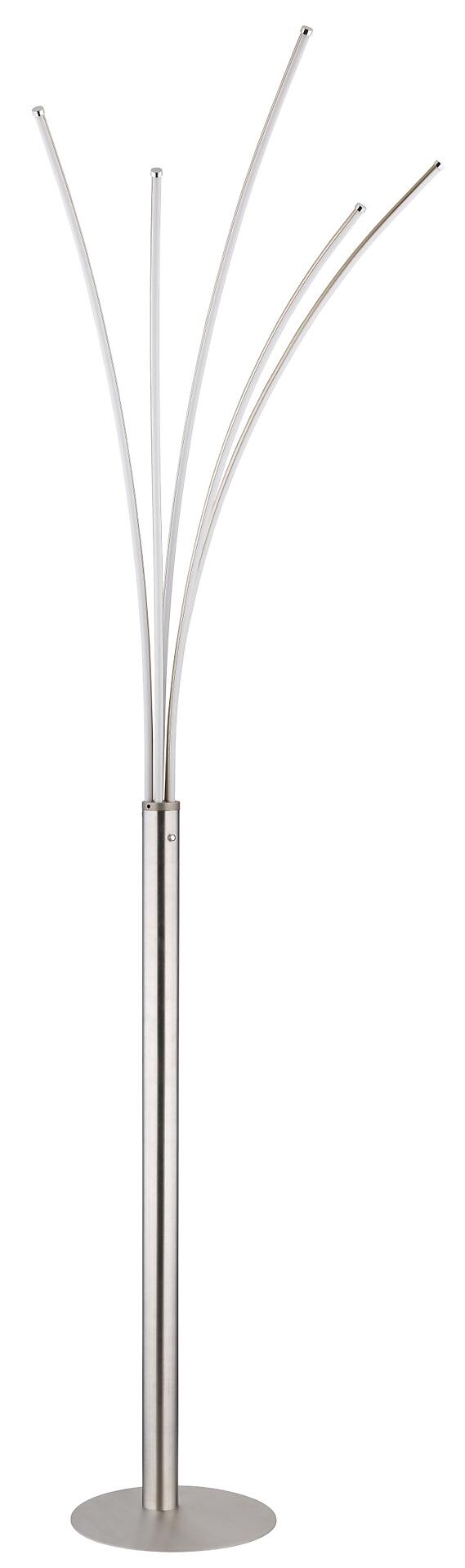 Kleiderständer BIZZY mit gebürsteter Edelstahlbasis und fächerförmig angeordneten Metallästen zum Aufhängen von Kleidung.