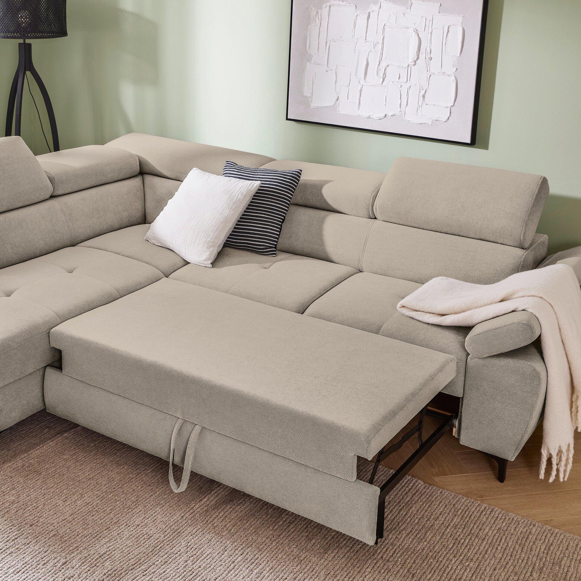 Ecksofa Combo mit hochgeklappter Sitzeinheit, die die Schlaffunktion als Gästebett demonstriert.