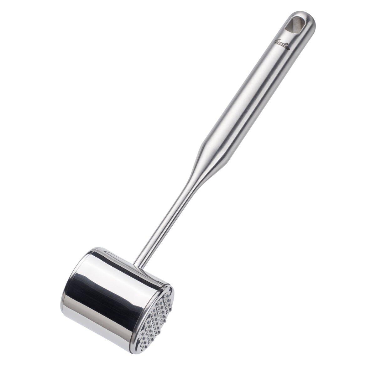 Fleischklopfer Fissler Essential aus Edelstahl, Detailansicht des ergonomischen Griffs und der strukturierten Oberfläche des Kopfes.