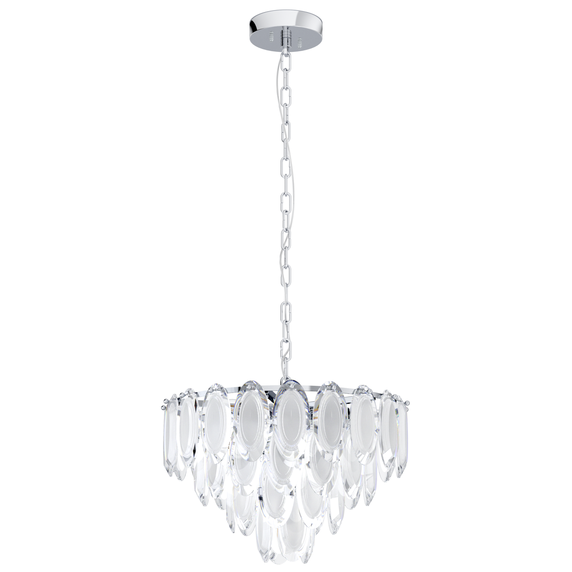 Pendelleuchte Carvario mit glänzendem Silberbaldachin, Kette und reflektierenden, ovalen Glaselementen, die an Kristalle erinnern und einen dekorativen Effekt erzeugen.