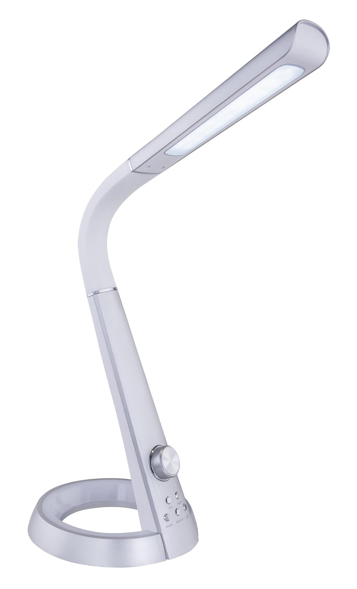 Silberfarbene Tischleuchte MITTI mit gebogenem Arm, Drehknopf zur Helligkeitsregelung und Bedienelementen für Farbwechsel und zusätzliche Funktionen, dargestellt aus Dreiviertelperspektive.