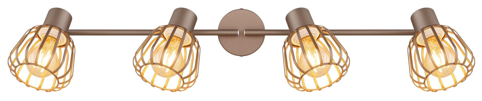 Wandlampe Strahler OLIN mit vier warmbeleuchteten Drahtgeflecht-Lampenschirmen, die an einem horizontalen Metallstab mit rundem Wandhalter befestigt sind und sich drehen und schwenken lassen.