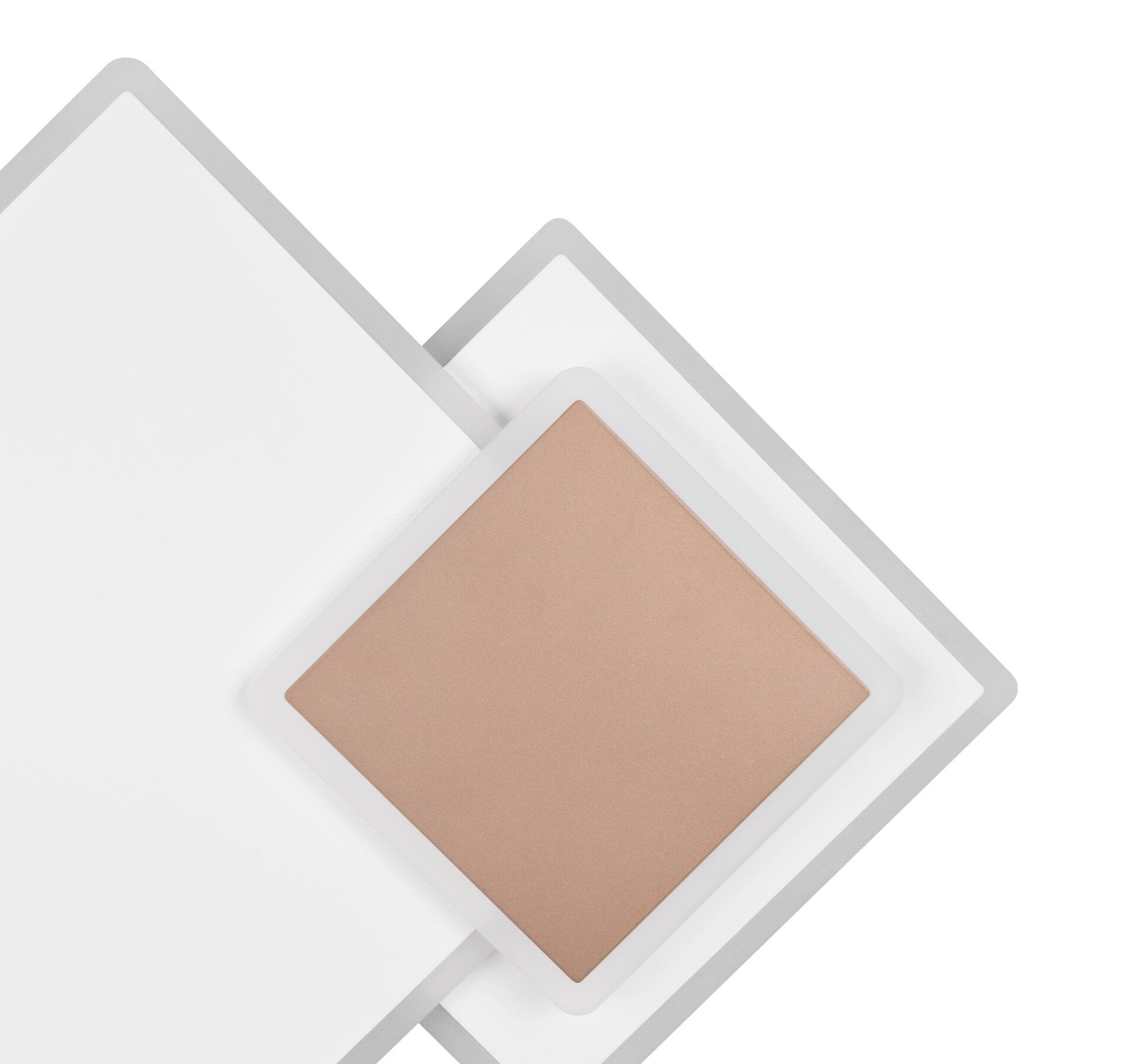 Deckenleuchte Serea, quadratisches Design mit weißem Rahmen und hellbeige Farbfläche, leicht erhöhte Perspektive.