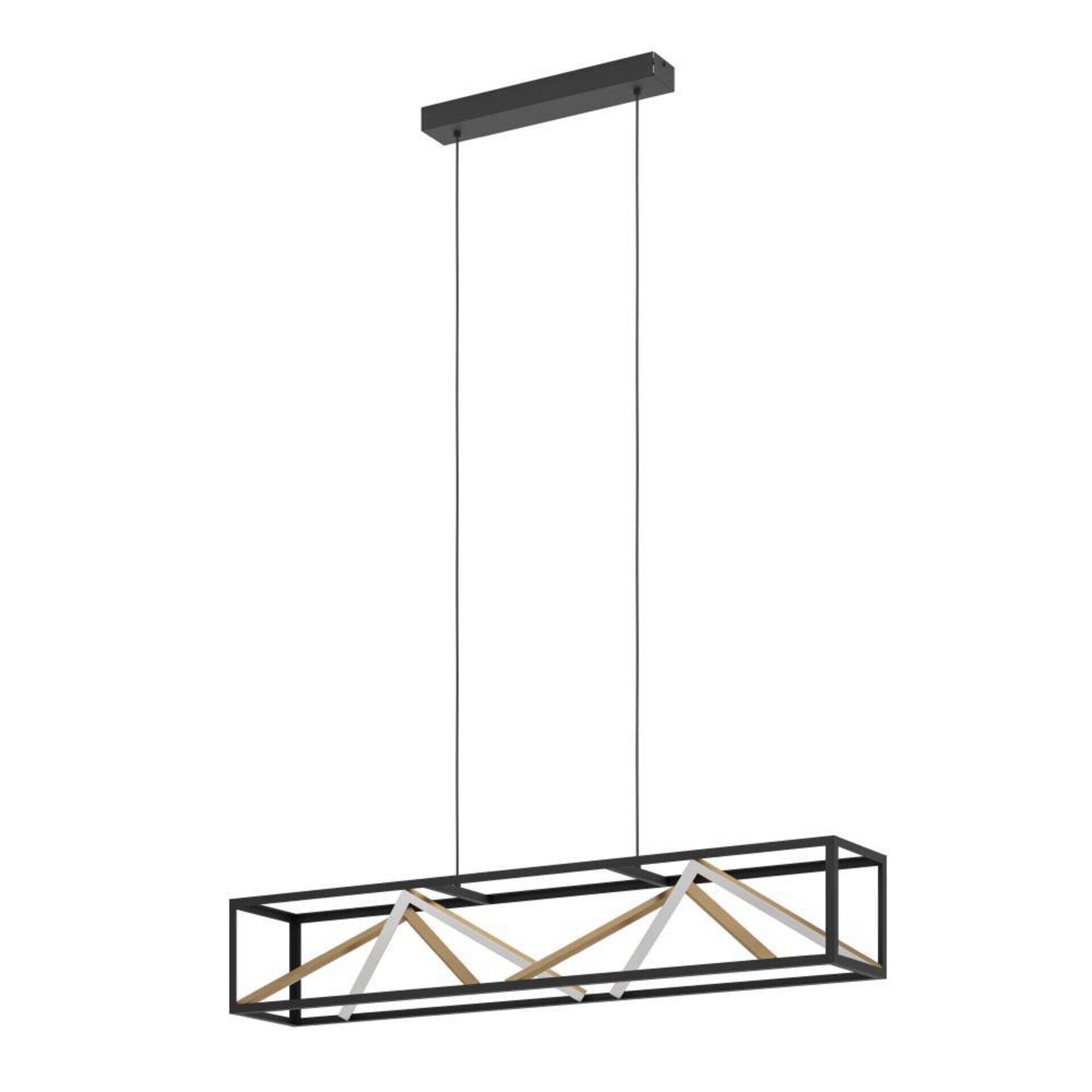 Pendelleuchte Penela mit schwarzem Metallrahmen und geometrischem Muster aus weißen und beige farbigen Elementen, dargestellt in einer Frontalperspektive.