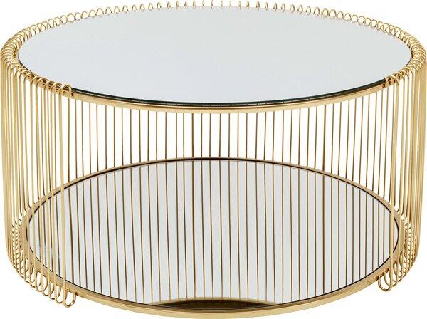 Couchtisch Wire Double Brass mit verspiegelter Glasplatte und goldenem, dekorativem Stahlgestell aus durchbrochenen Metallstäben, Ansicht von oben.