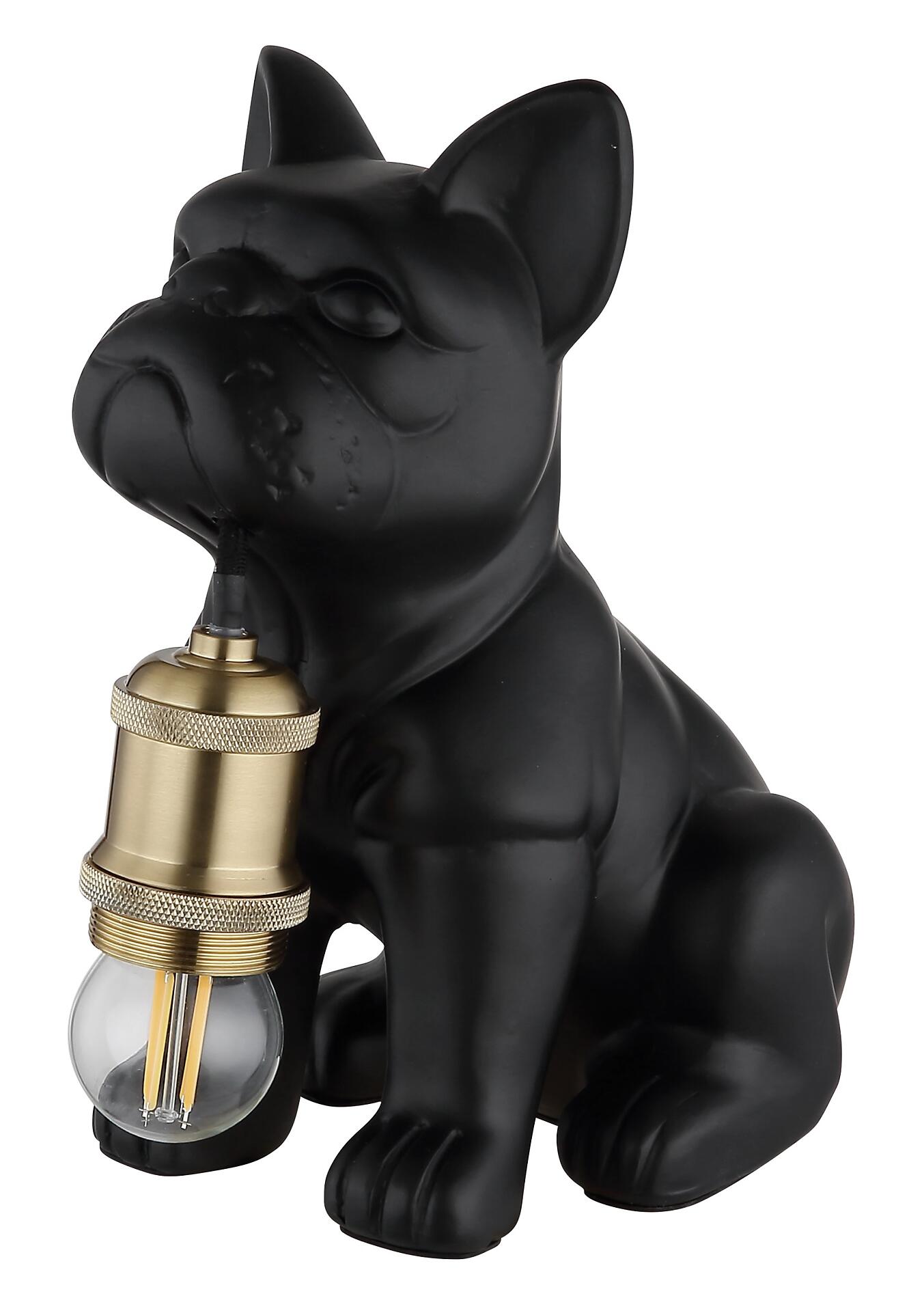 Tischleuchte DOGO in Form einer sitzenden schwarzen Bulldogge mit abwärts gerichtetem Lichtschein und Wippschalter am Kabel.
