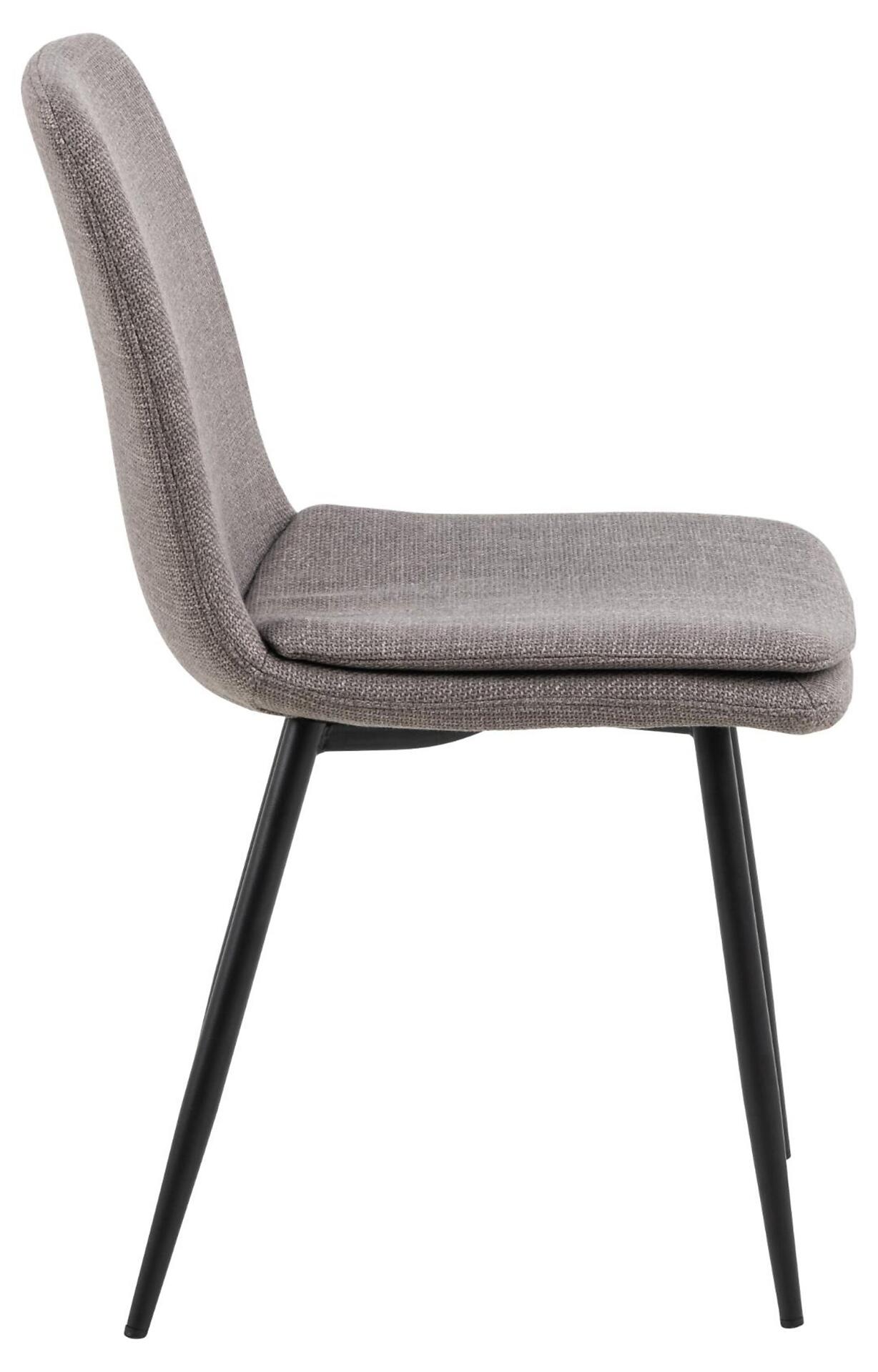 Esszimmerstuhl Becca mit gepolstertem Sitz und Rückenlehne in grau, schlanke schwarze Metallbeine und leicht geneigter Rückenansicht.