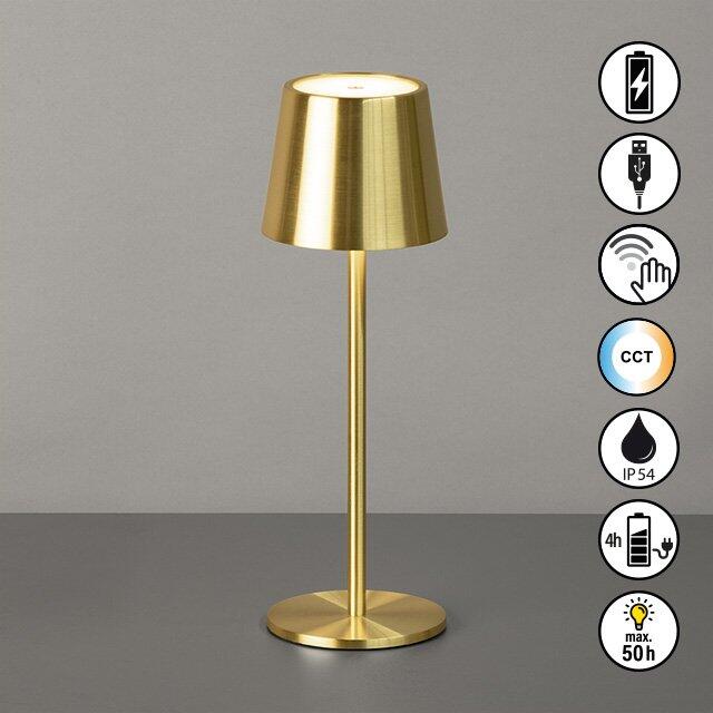 Roxi Tischleuchte, goldfarben, mit Akku-Symbol, USB-Anschluss, Sensordimmer und Icons für Farbtemperatur und IP54-Schutz.