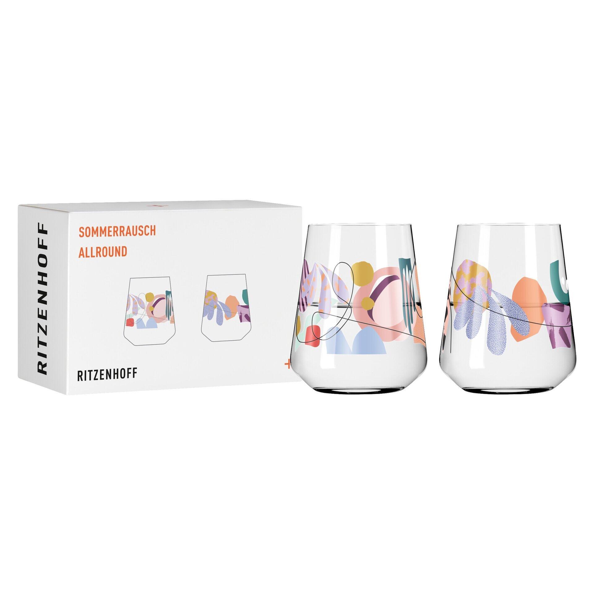 Universalglas-Set: Zwei Gläser mit abstrakten, farbenfrohen Mustern aus geometrischen Formen, dargestellt in leicht drehbarer Perspektive auf weißem Untergrund.