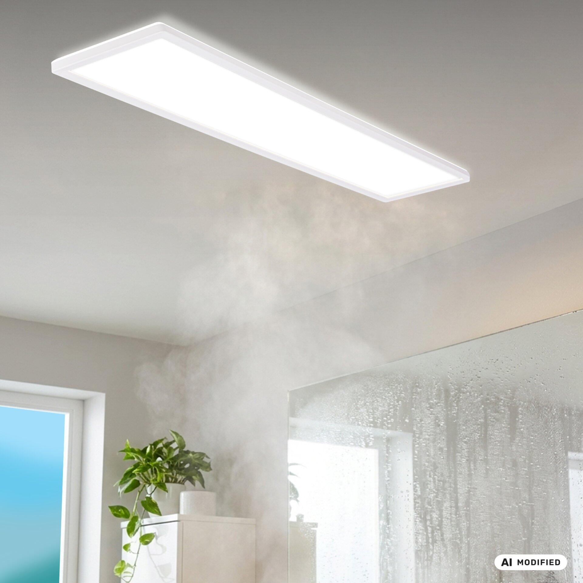 LED-Deckenleuchte Panel Move, schlichtes rechteckiges Design in einer weißen Wandnische integriert, beleuchtet von unten.