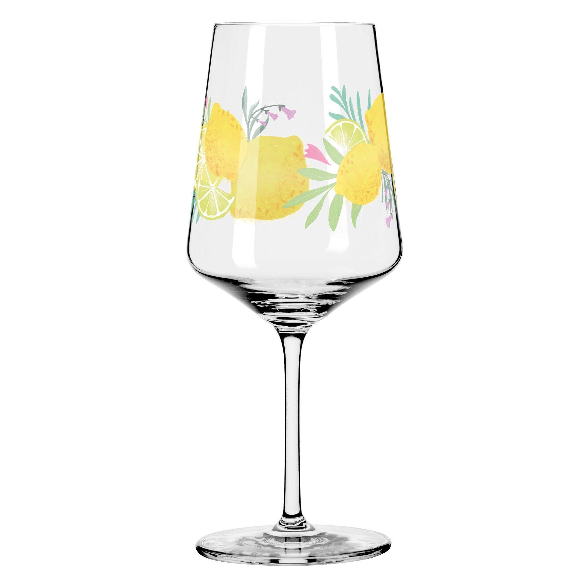 Aperitifglas mit schlankem Stiel und breitem Kelch, verziert mit stilisierten Zitronen, Blättern und Blüten, präsentiert in voller Höhe.
