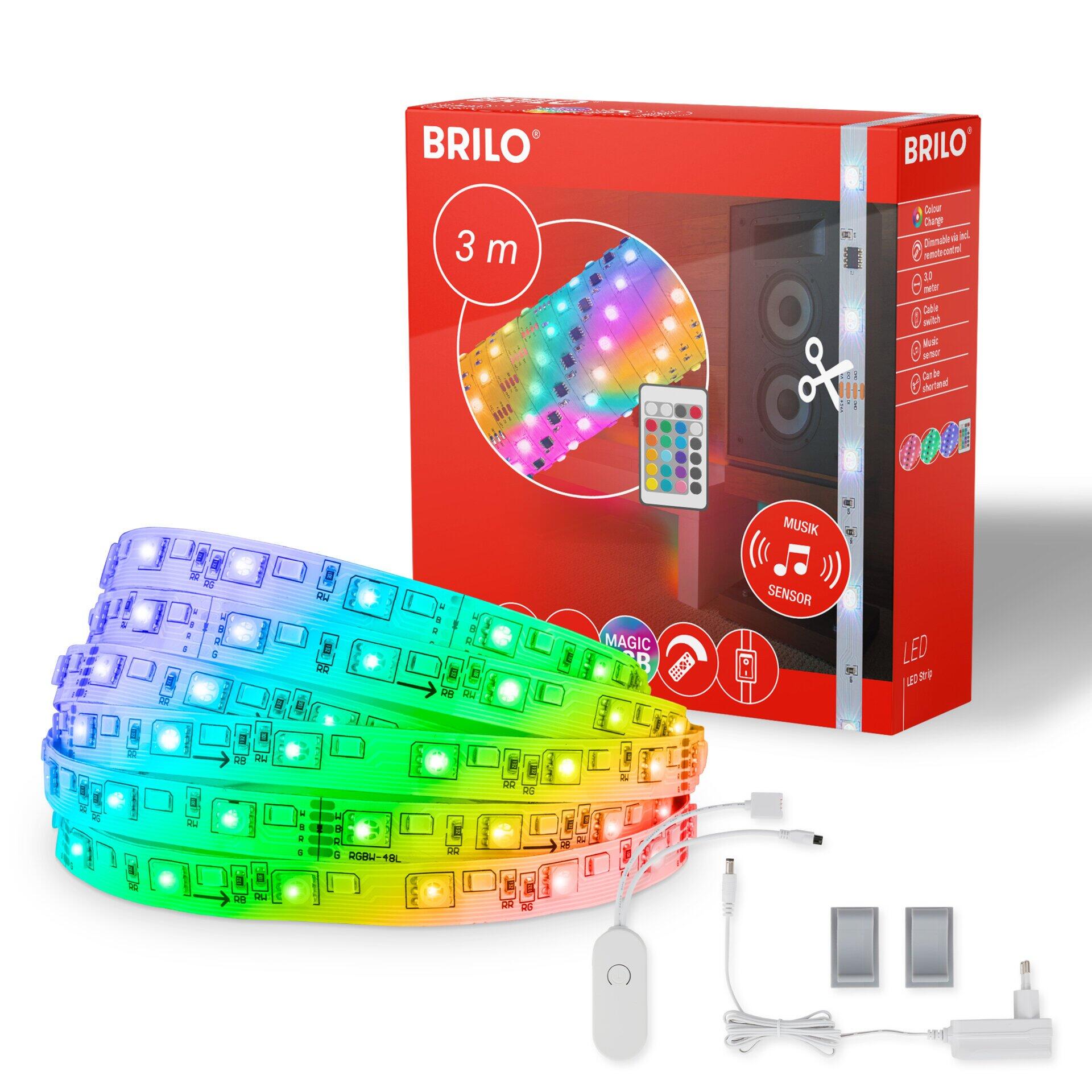 LED Band Magic mit RGB-Farben, Musiksynchronisation, Sensorsteuerung, Fernbedienung und Timer-Funktion, dargestellt in verschiedenen Farbzonen und mit Zubehör.