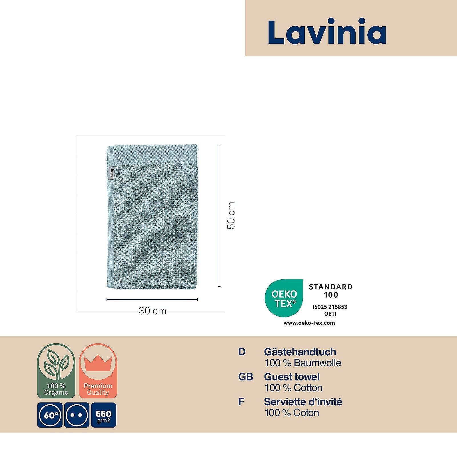 Dunkelblaues Gästetuch Lavinia aus 100% Baumwolle mit strukturierter Oberfläche und OEKO-TEX® Standard 100 Siegel, inklusive Informationen zu Material, Gewicht und Waschhinweisen.