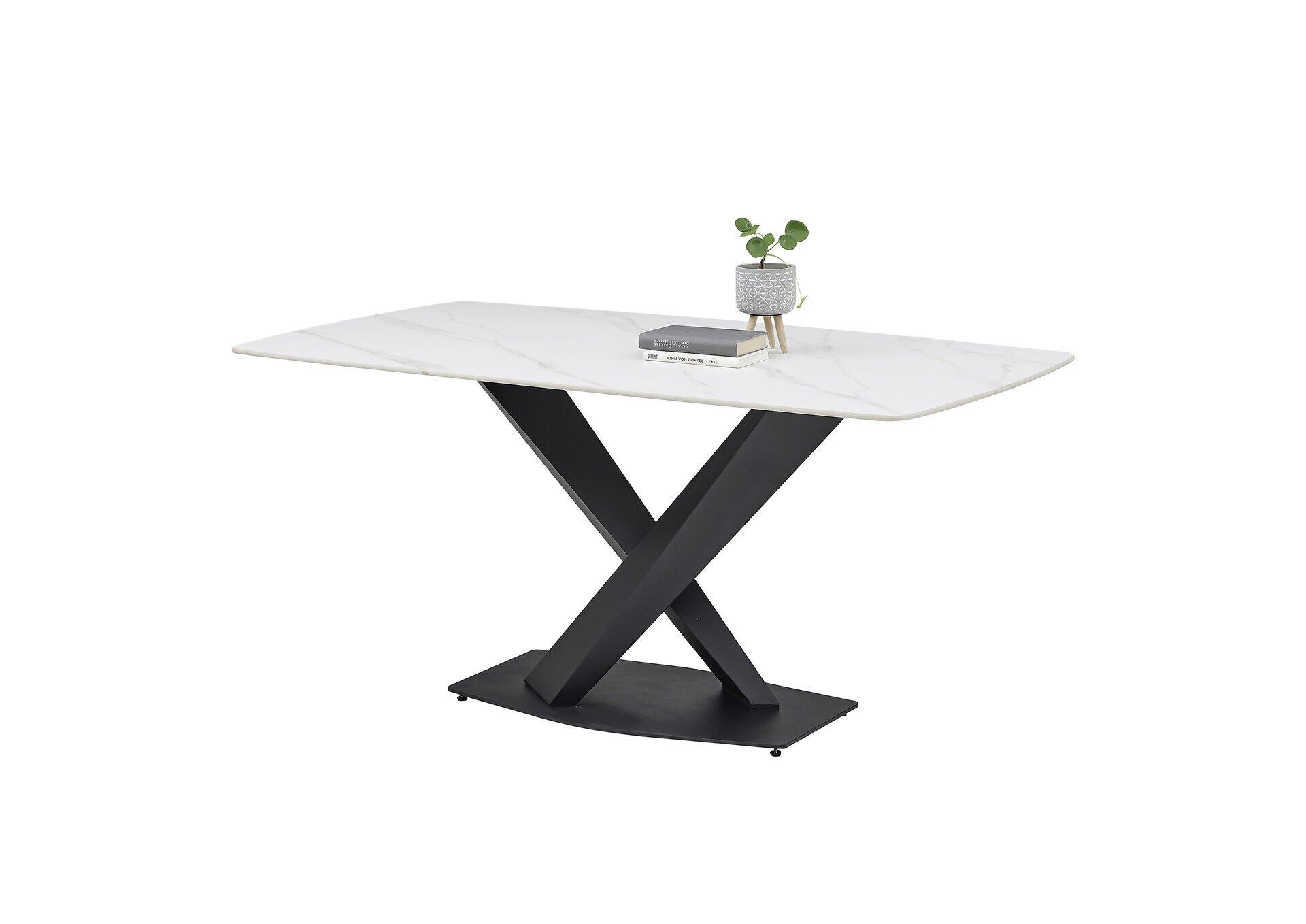 Esstisch Ventura mit weißer Marmoroptik-Tischplatte und schwarzem, X-förmigen Metallgestell im modernen Design.