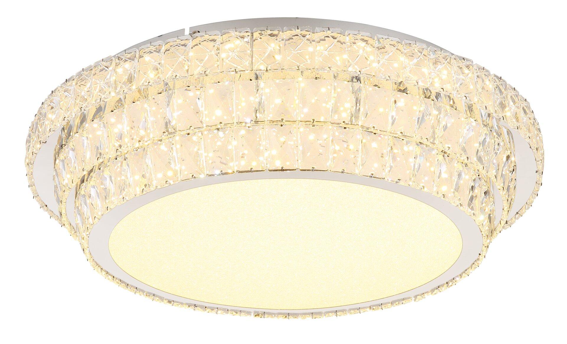 Deckenleuchte KLARA mit kristallbesetztem Rahmen, die im Frontalblick das funkelnde Licht ihrer integrierten LED-Lichtquelle reflektiert.