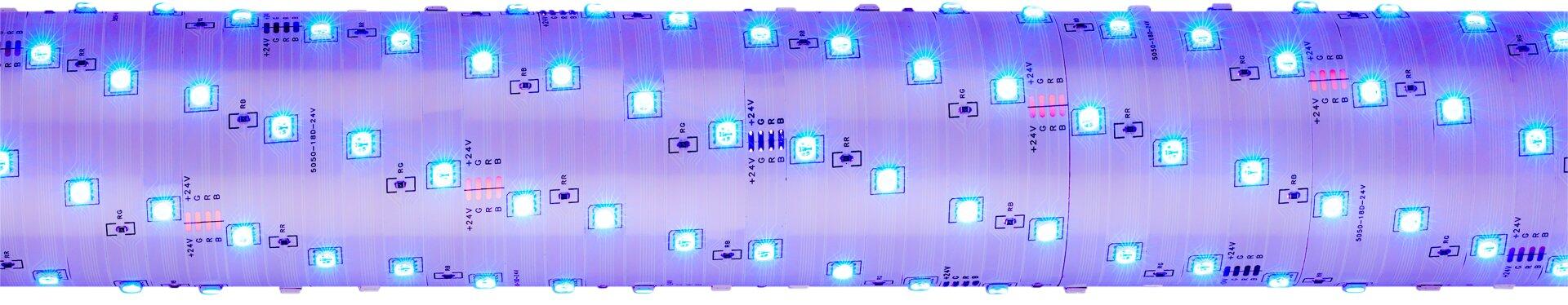 LED Band Stripe mit dicht angeordneten, blau-violett leuchtenden LEDs und Befestigungselementen, dargestellt in einer Drahtperspektive.
