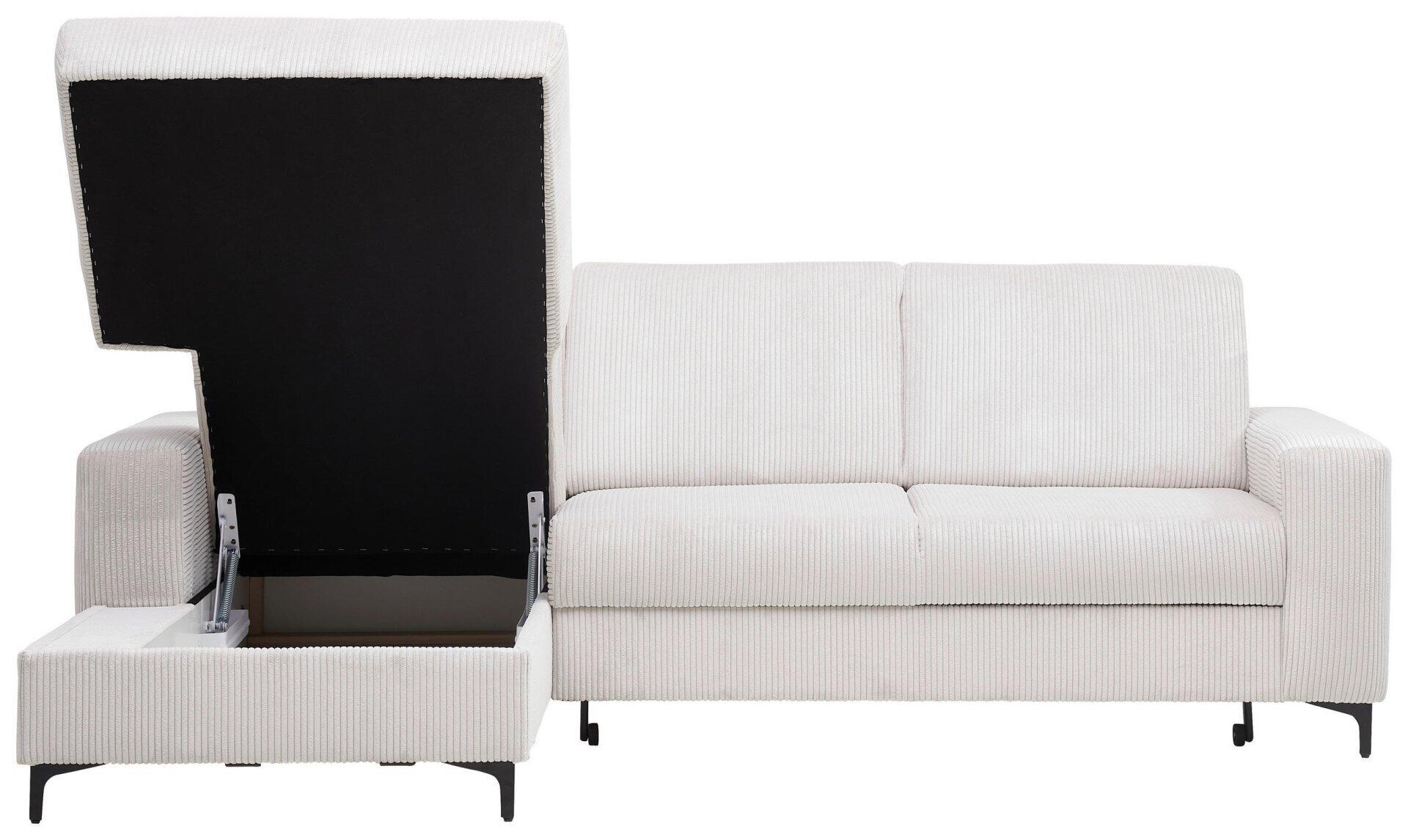 Weißes Ecksofa Balina mit ausgeklappter Schlaffunktion und Stauraum unter der Bettfläche, aus der Vogelperspektive erkennbar.