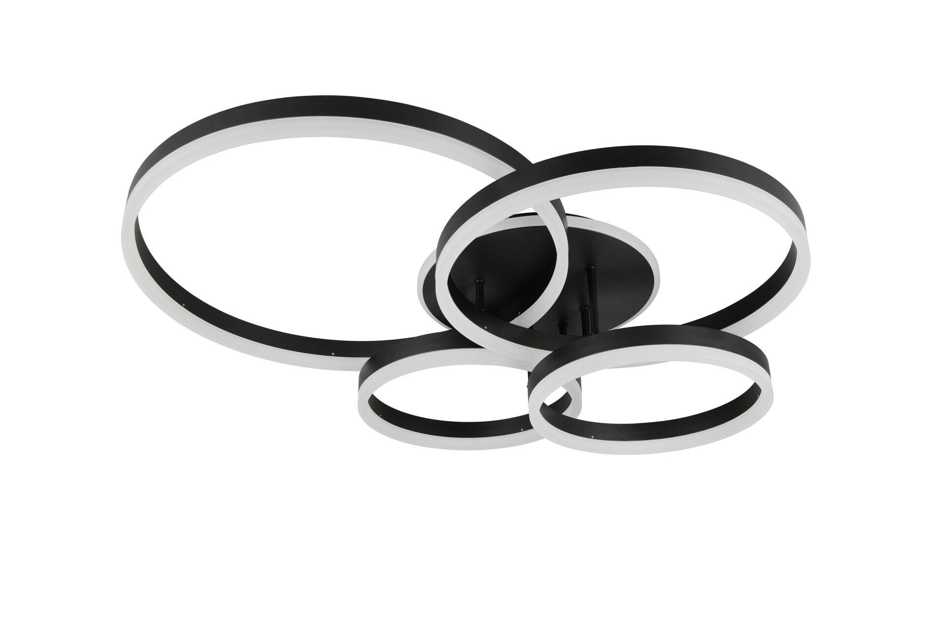 Deckenleuchte Drake mit drei kreisrunden LED-Ringen in versetzten Ebenen, Weiß mit schwarzem Innenleben, befestigt an einem Montagehalter.