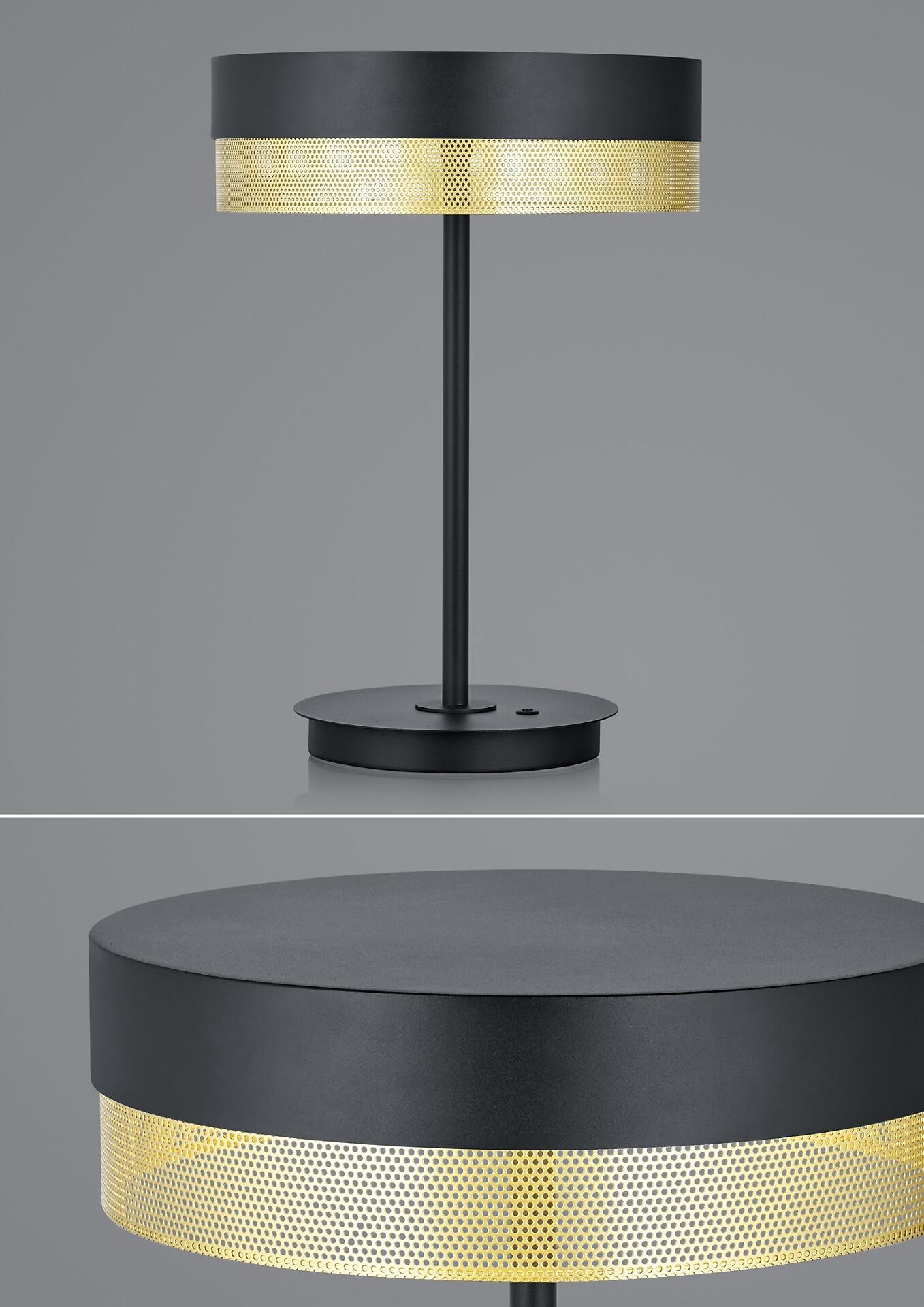 Moderne Tischleuchte Mesh mit schwarzem Metallfuß, perforiertem Goldschirm für diffuses Licht und stufenlosem Tastdimmer.