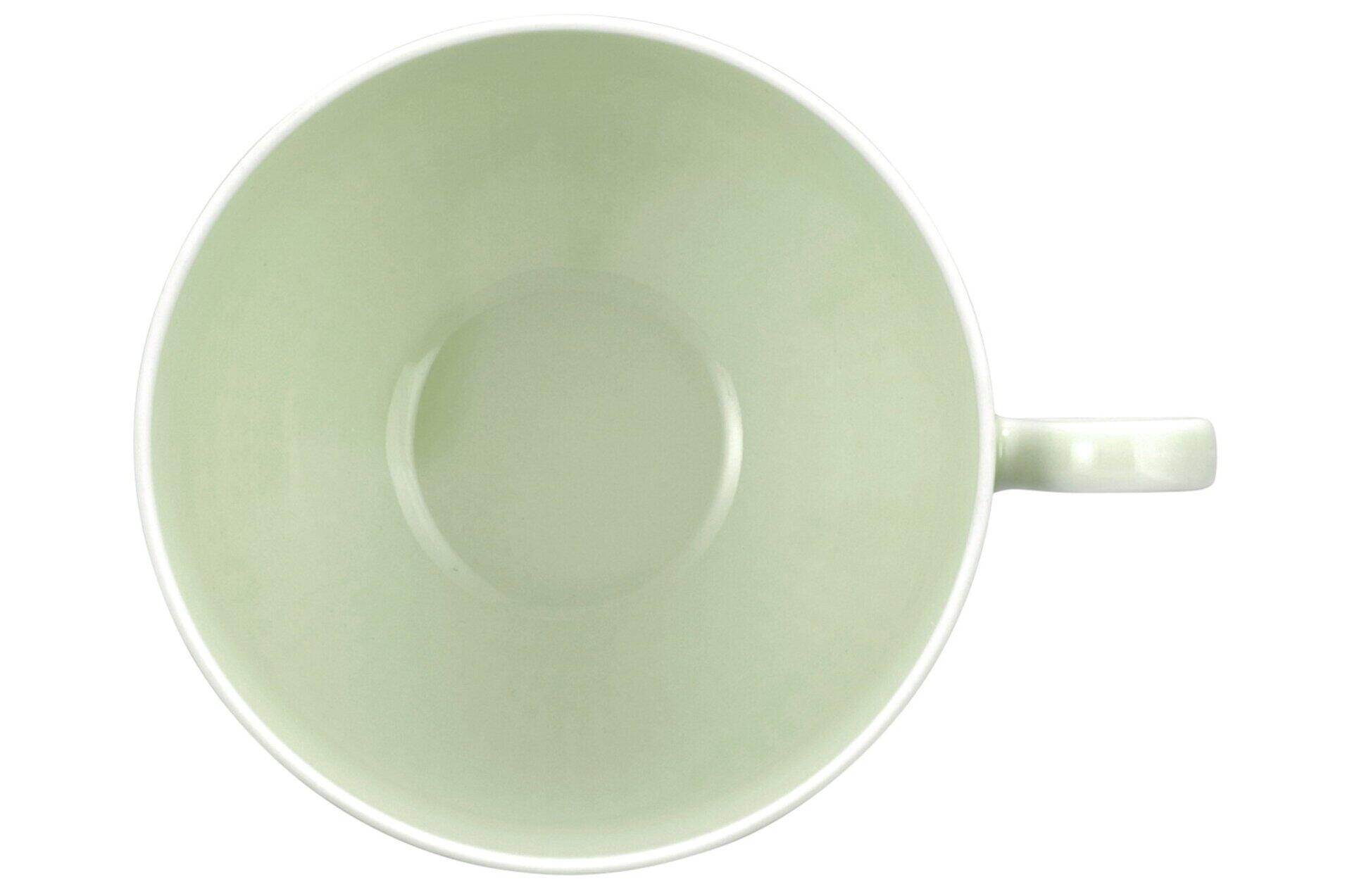 Amina Milchkaffeeobertasse mit hellem Grün und weißem Rand, detailreiche Vogelperspektive des Innenraums mit rundem Design.