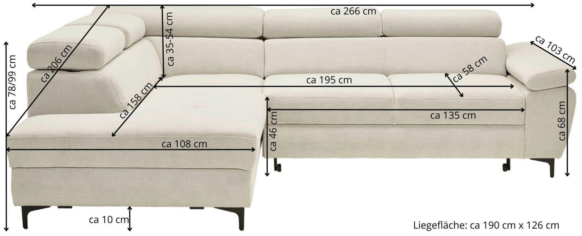 Ecksofa Combo in hellgrau mit abklappbarer Kopfstütze, verstellbaren Armteilen und ausgezogener Liegefläche für komfortables Entspannen.