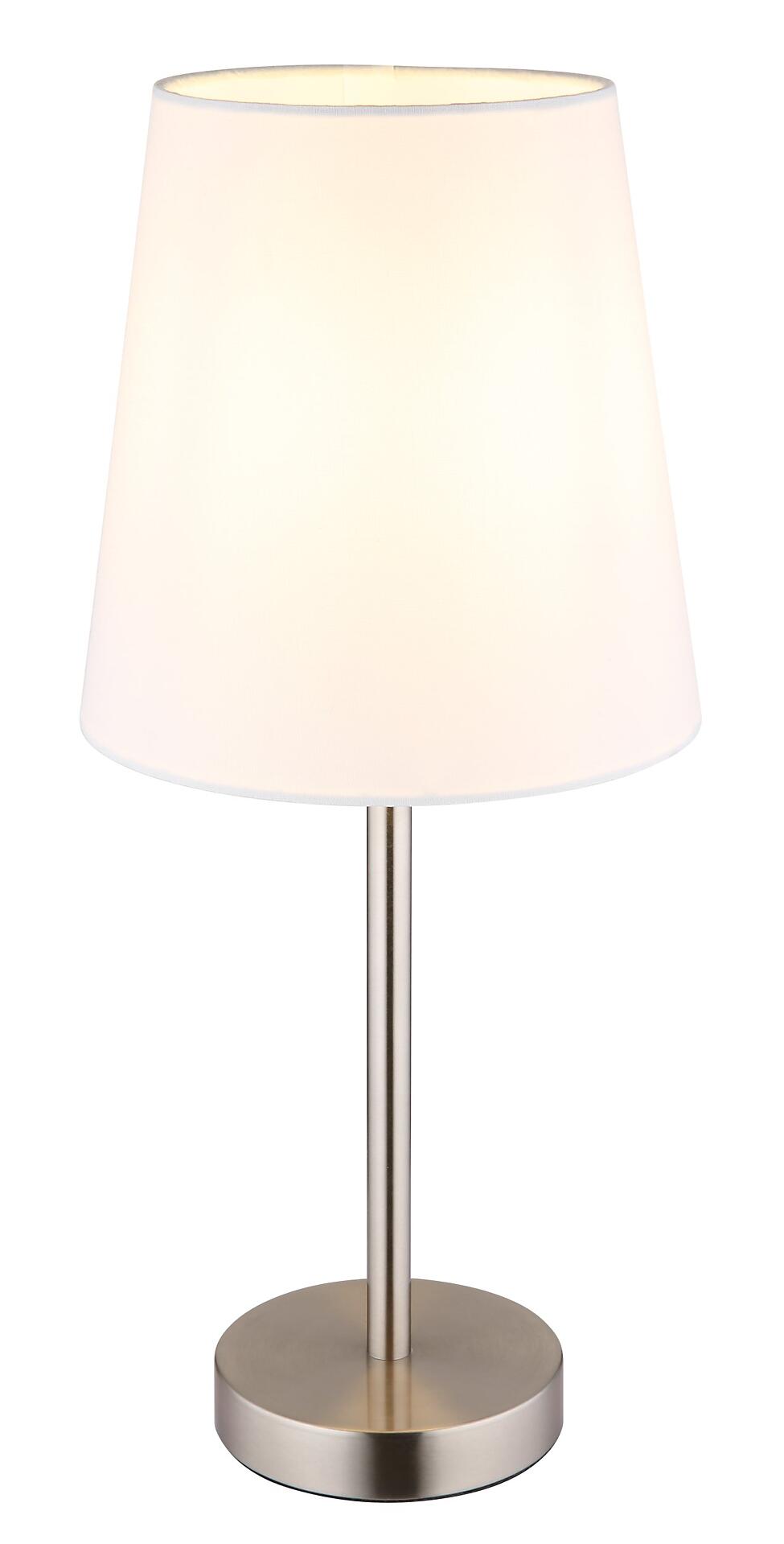 Tischleuchte JORIS mit minimalistischem Design und hellem Stoffschirm, der ein diffuses Licht abstrahlt.
