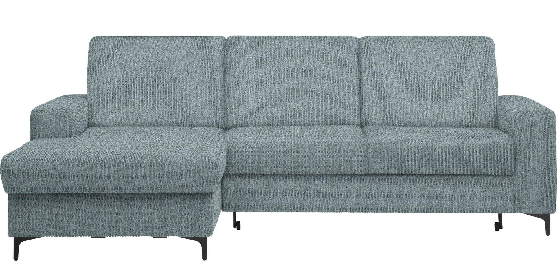 Ecksofa Balina in Grau mit abnehmbarer Armlehne und schlanken, schwarz lackierten Metallfüßen, dargestellt aus Frontansicht.