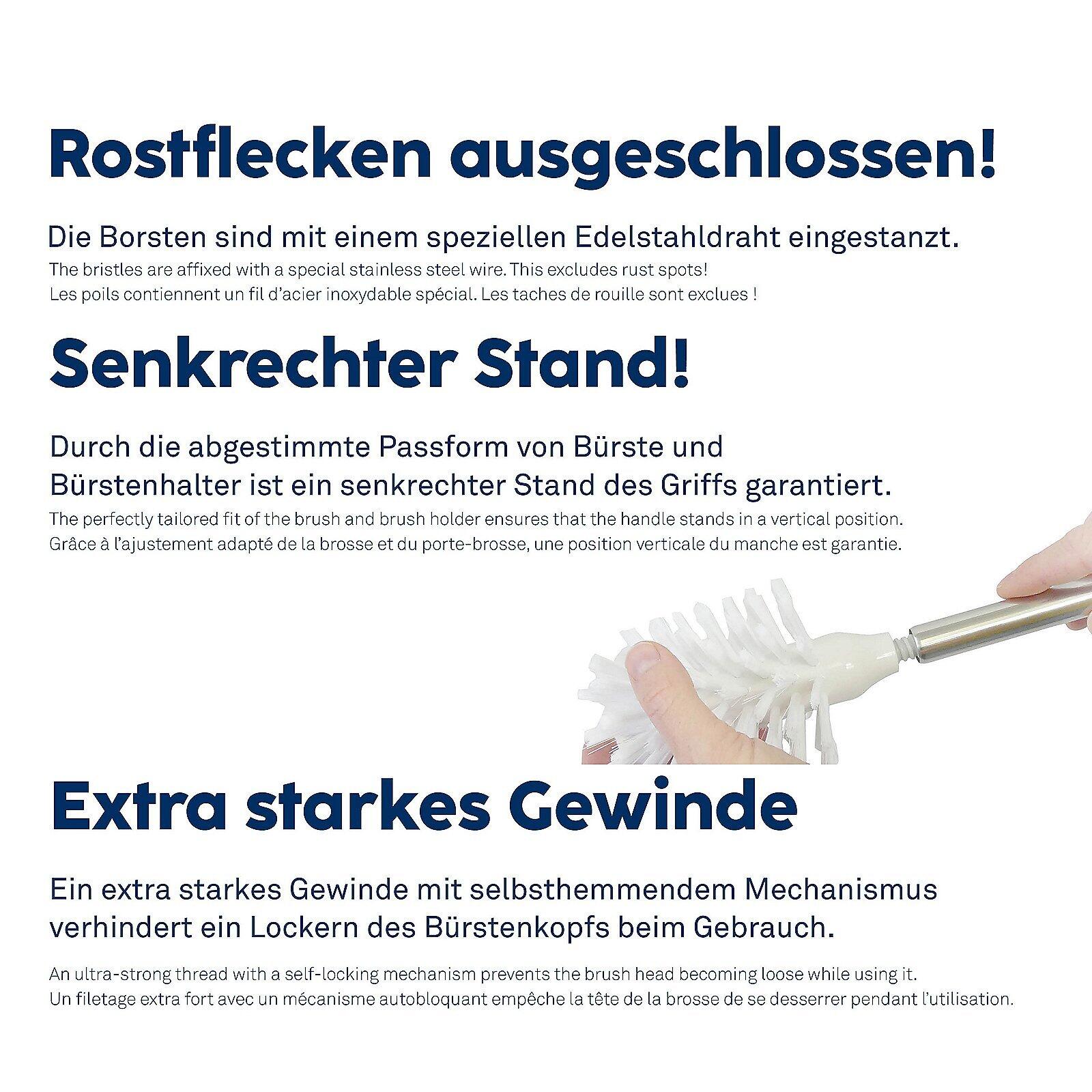 Nahaufnahme des WC-Ersatzbürstenkopfes La Brosse mit dicht aneinander gereihten, leicht gebogenen Borsten und einem silbrig glänzenden Stiel, der ein extra starkes Gewinde und einen selbsthemmenden Mechanismus zur Sicherung zeigt.