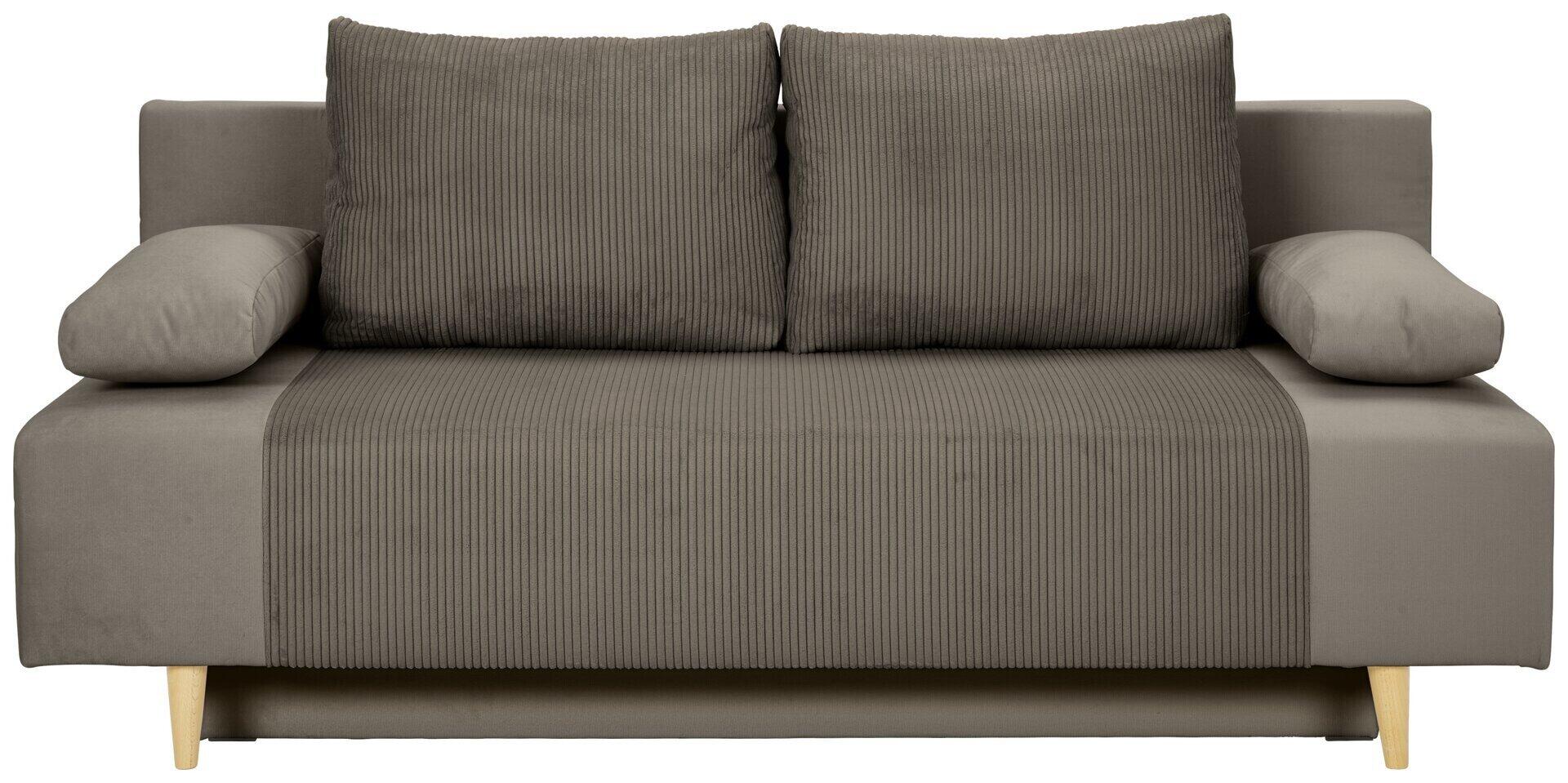 Schlafsofa Leon 2 Lux in Grau, frontal dargestellt mit ausgefahrenem Schlafbereich, gepolsterten Rückenlehnen, Armlehnen und hellen Holzfüßen.