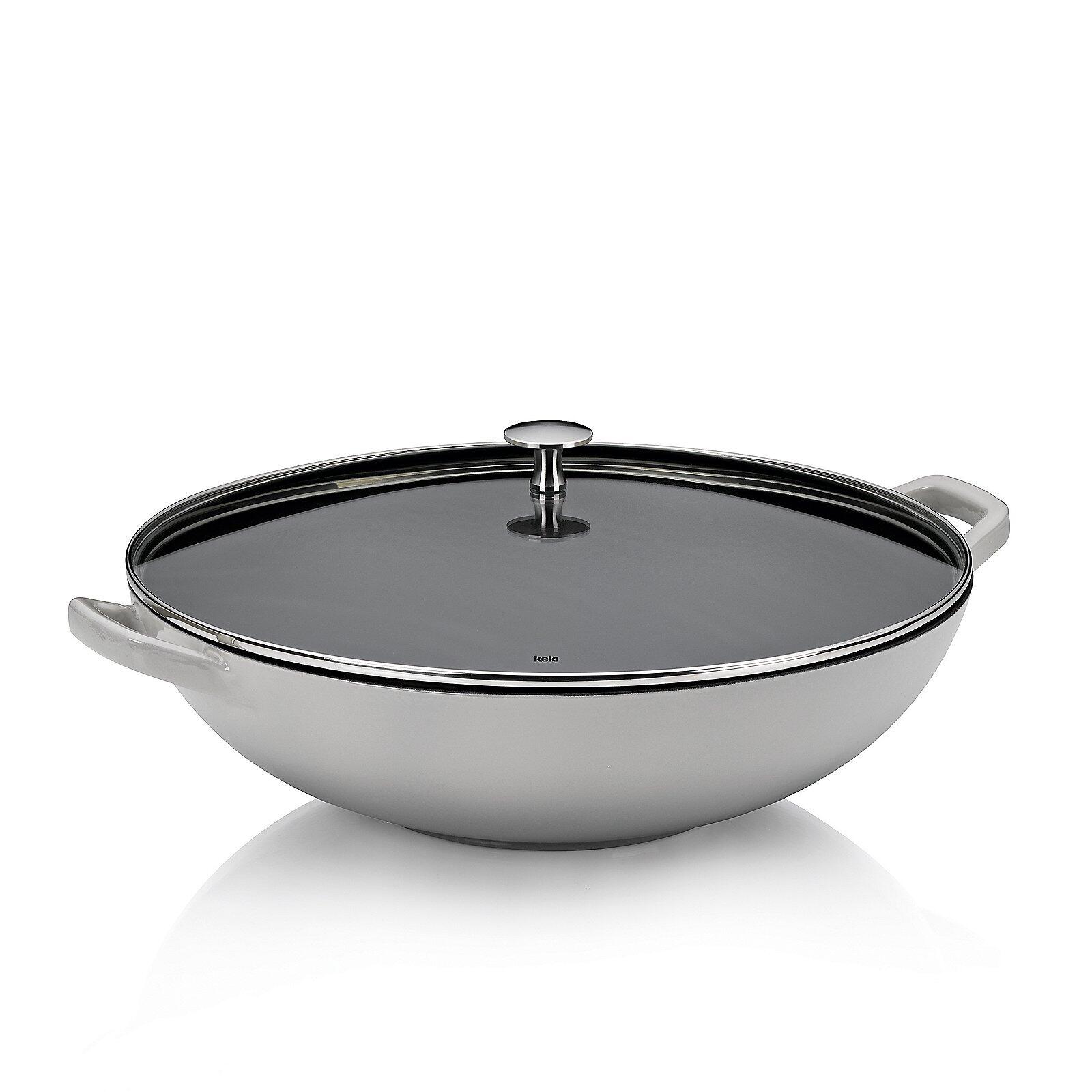 Wok Calido mit Deckel, aus Edelstahl, aus der Vogelperspektive in einer Produktpräsentation zu sehen.