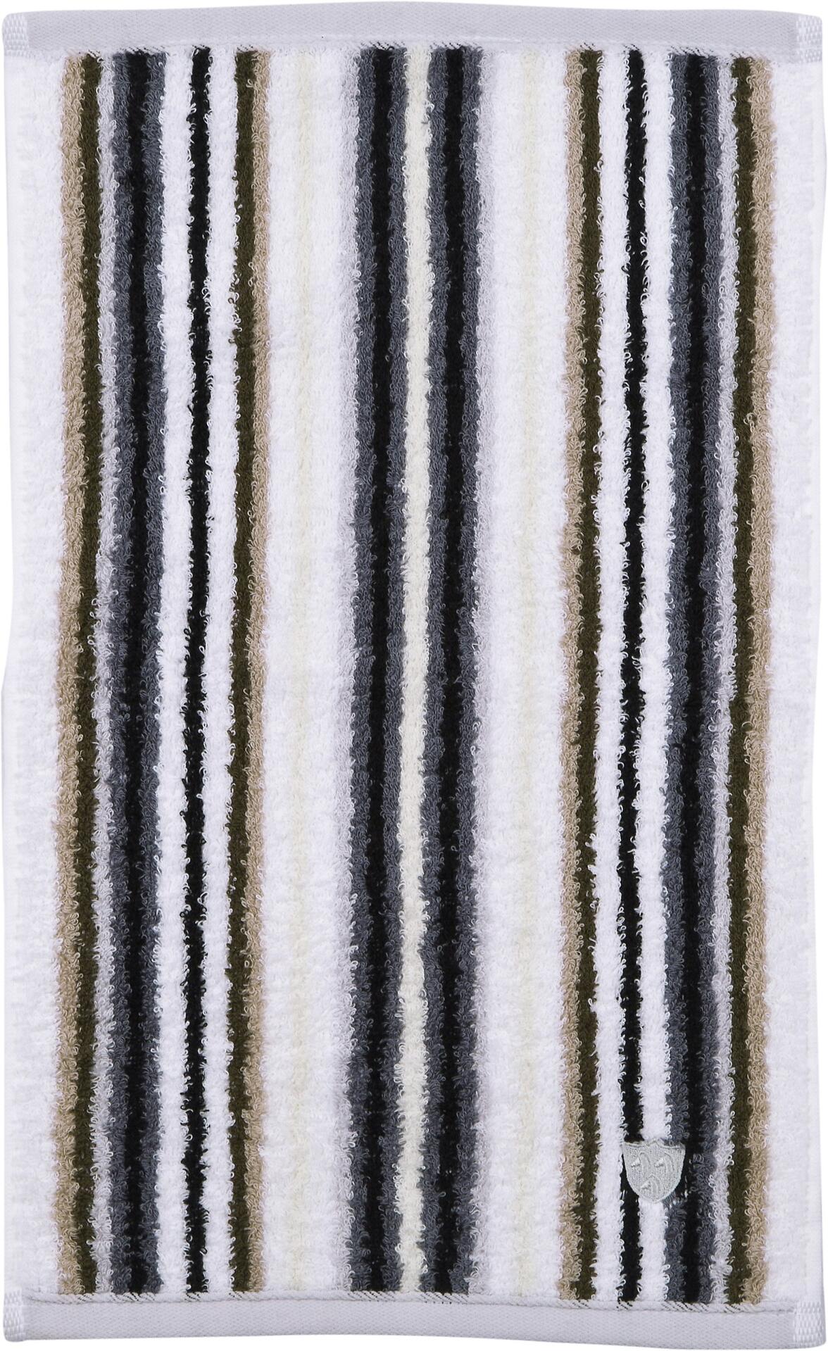 Vita Gästetuch, anthrazitfarben, zeigt aus der Vogelperspektive die flauschige, gestreifte Textur des Waschlappens.