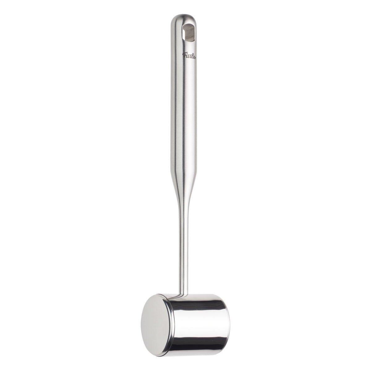 Fleischklopfer Fissler Essential in Seitenansicht, zeigt den silbernen Hammerkopf und den schlanken Stiel mit eingelassenem quadratischem Element.