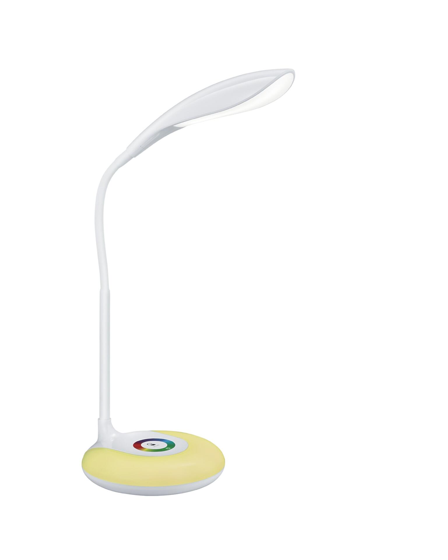 Moderne LED-Tischleuchte Krait mit flexiblem Arm, verstellbarem Lampenkopf und Bedieneinheit für verschiedene Funktionen auf rundem, gelbem Fuß.