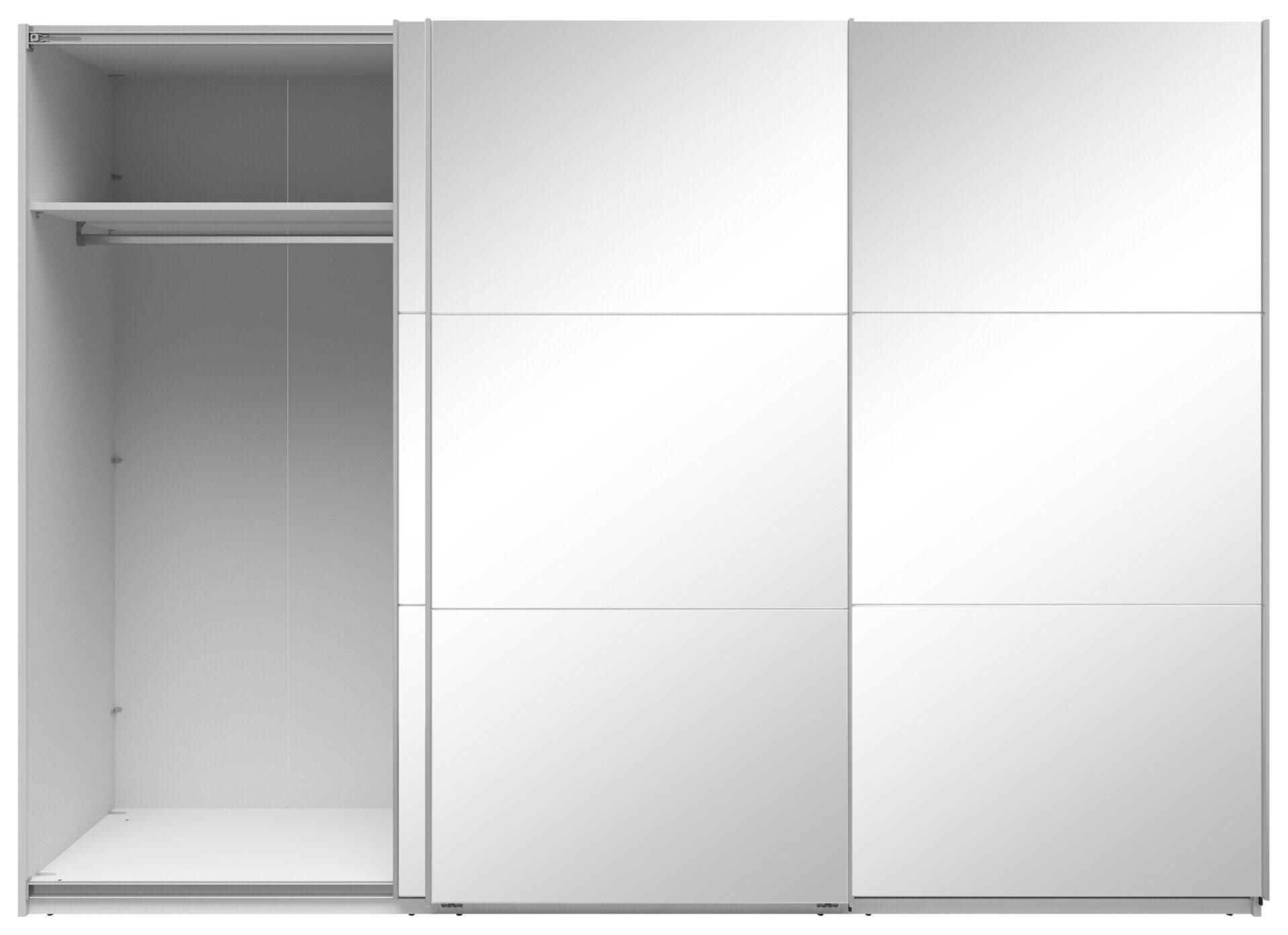 Geöffneter Schwebetürenschrank Neo mit drei weißen Türen, die einen Innenausbau mit Kleiderstange aus frontal geöffnet zeigen.