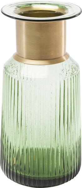 Mundgeblasene Vase Barfly Green mit grüner Farbgebung, vertikaler Riffelung, Messing-Dekoration und einer transparenten Glasplatte als Ablagefläche.