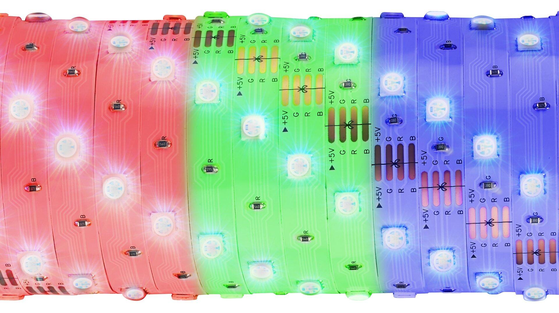 Nahaufnahme der BRILO LED-Band Platine mit RGB-LEDs, erkennbar sind die Beschriftungen "+5V", "R", "G" und "B" zur separaten Steuerung der Farbbereiche.