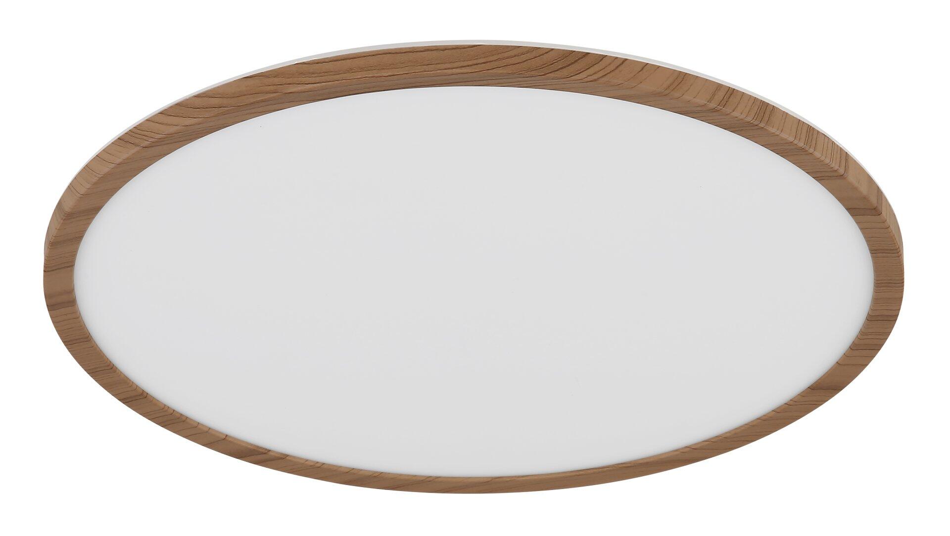 Deckenleuchte SAPANA mit weißem Kunststoffglas und hellbraunem Holzrahmen, frontale Ansicht.