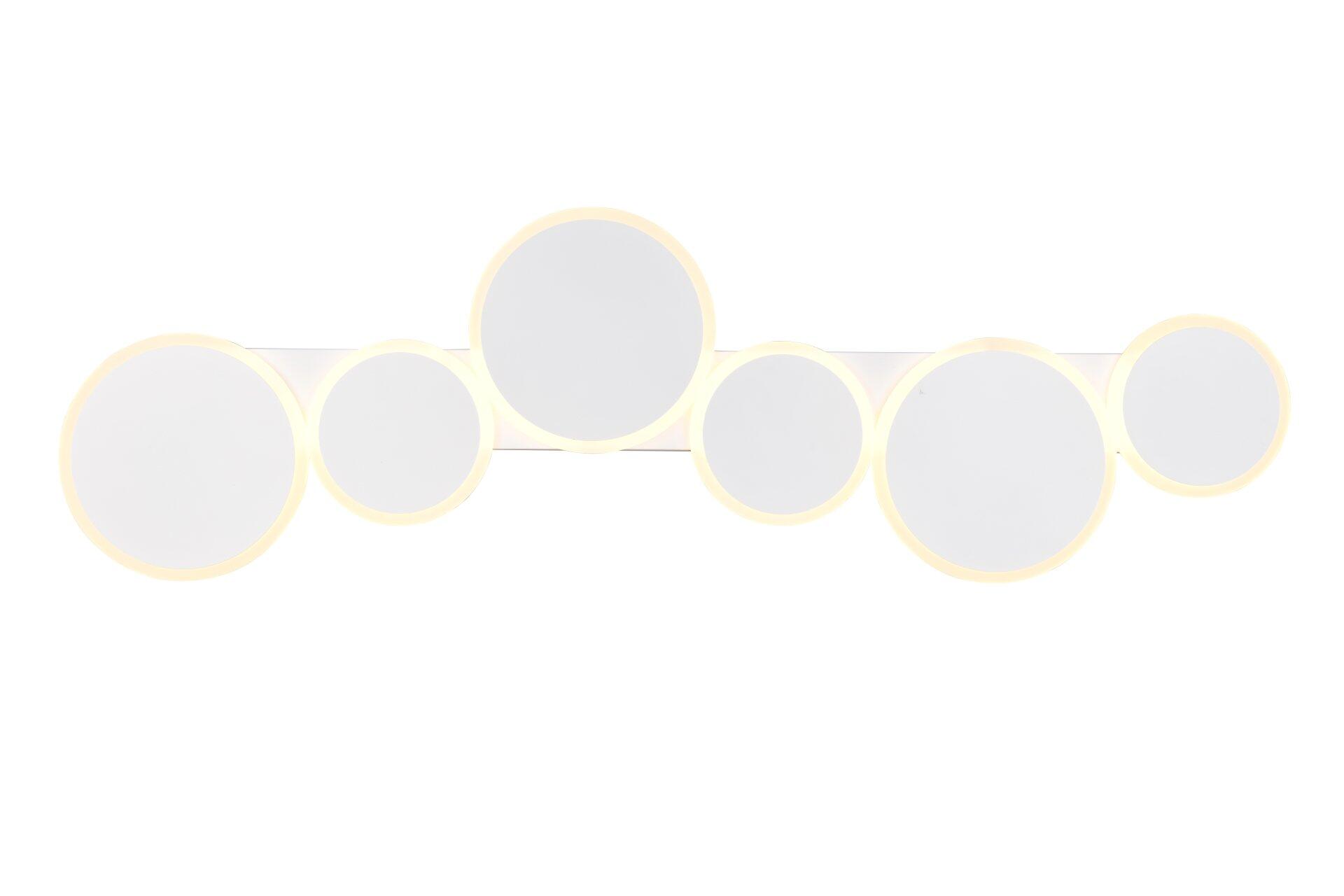 Moderne Deckenleuchte Ovela mit fünf kreisförmigen, weißen Glasflächen in goldenen Rahmen, die entlang eines schlanken, goldenen Korpus angeordnet sind und einen warmen Schein erzeugen.