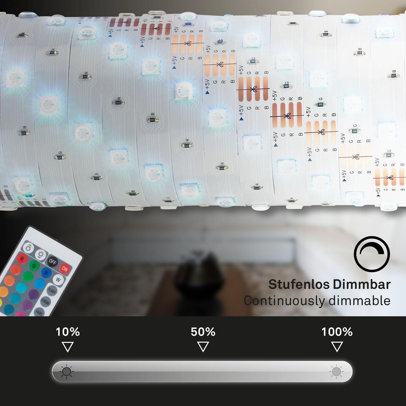 LED Band BRILO mit farbiger Beleuchtung, dimmbar in drei Stufen und mit Stufenmodus sowie Flash-Funktion, an einer Wand angebracht.