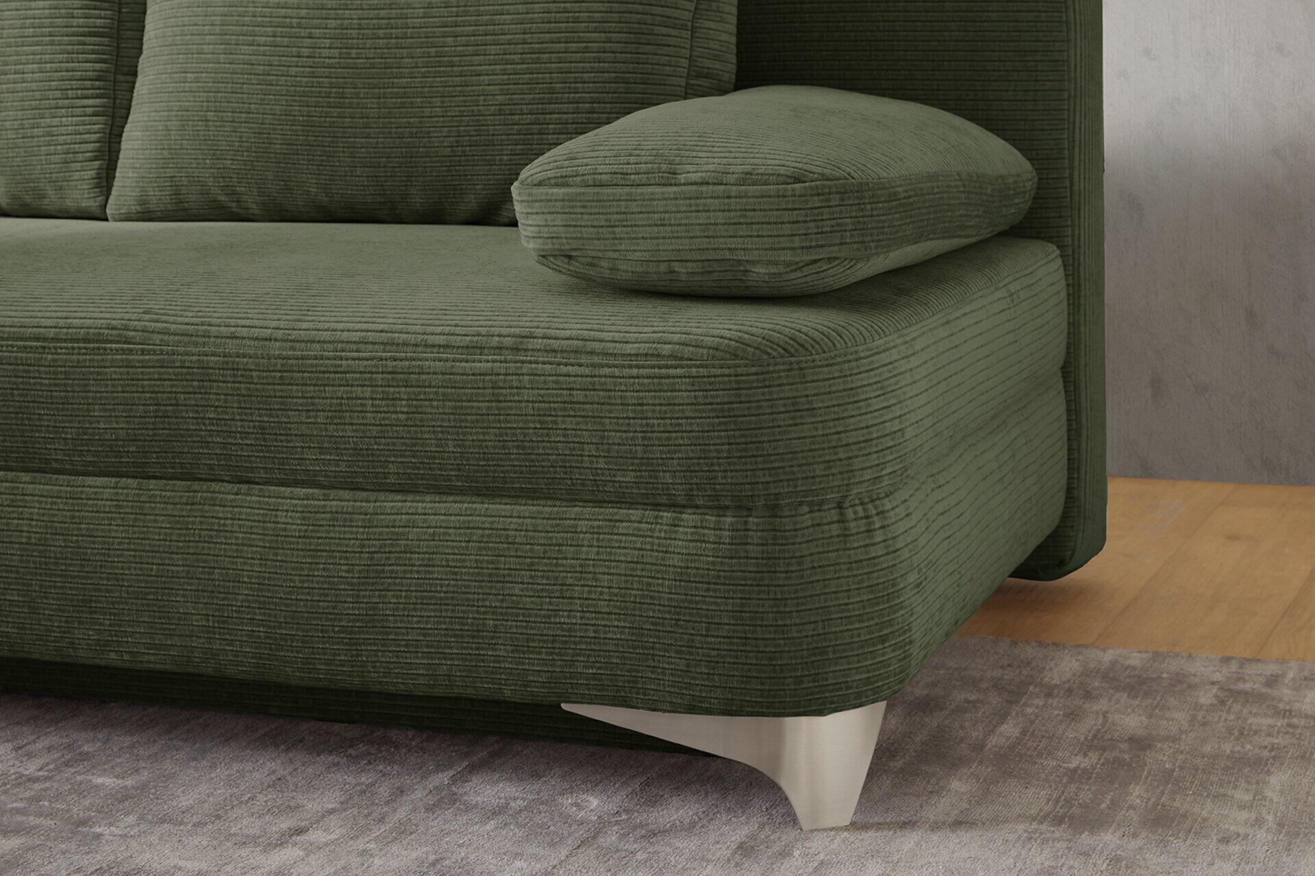 Schlafsofa Noah in olivgrüner Cordoptik mit detailreich gepolstertem Rücken und konischen Füßen.