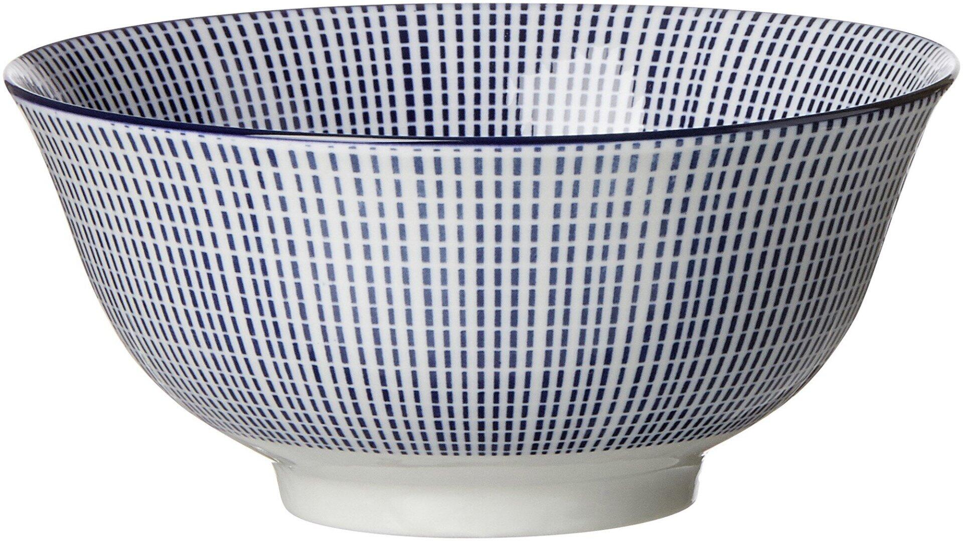 Weiße Keramikschale "Müsli, Makoto" mit blauem, vertikalem Linienmuster in 3/4-Perspektive.
