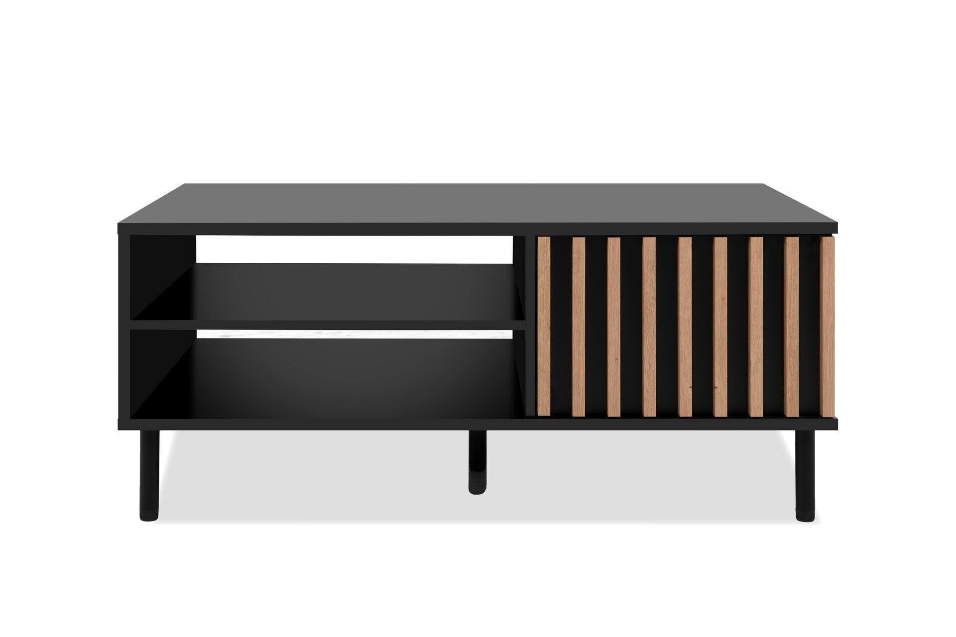 Couchtisch Monza 55A mit rundem Fuß, schlichtem Design und offenen Fächern links sowie verdecktem Stauraum durch Holzlamellen rechts, aufgenommen aus leicht erhöhter Frontalperspektive.