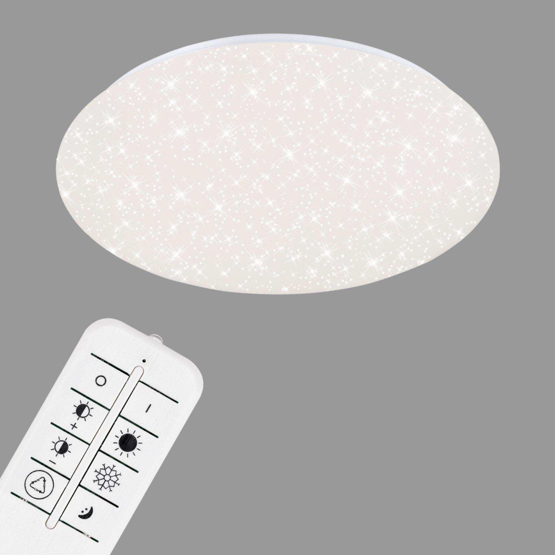 Deckenleuchte BRILO mit Milchglas-Diffusor und Fernbedienung zur Steuerung von Helligkeit, Farbtemperatur und zusätzlichen Funktionen wie Timer.